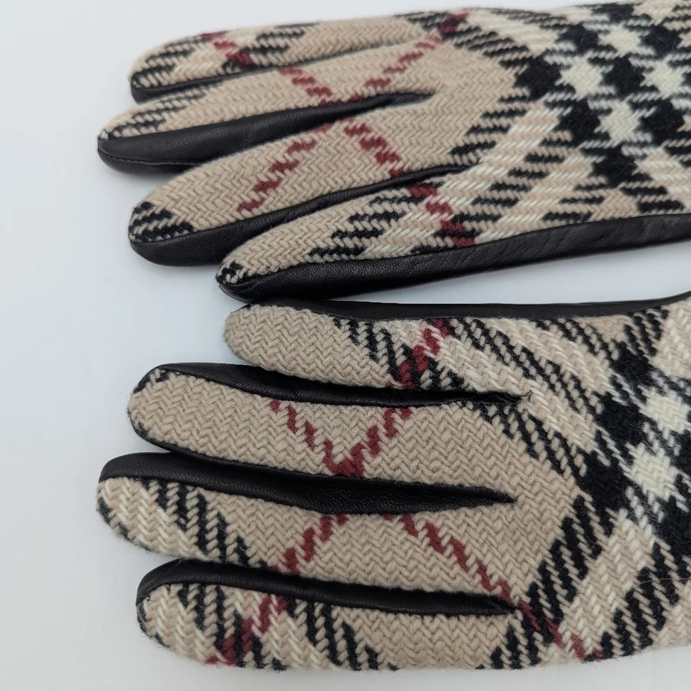 Burberry Lambswool Leather Gloves Black 7.5 Authentic Winter Luxury Women's NWT